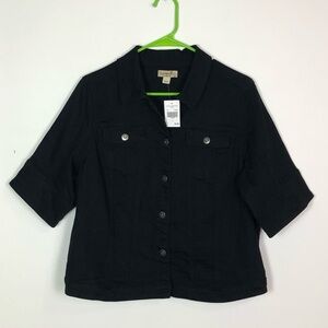 ONE WORLD Black Jean Jacket Large New With Tag Short Sleeve Elbow Length
